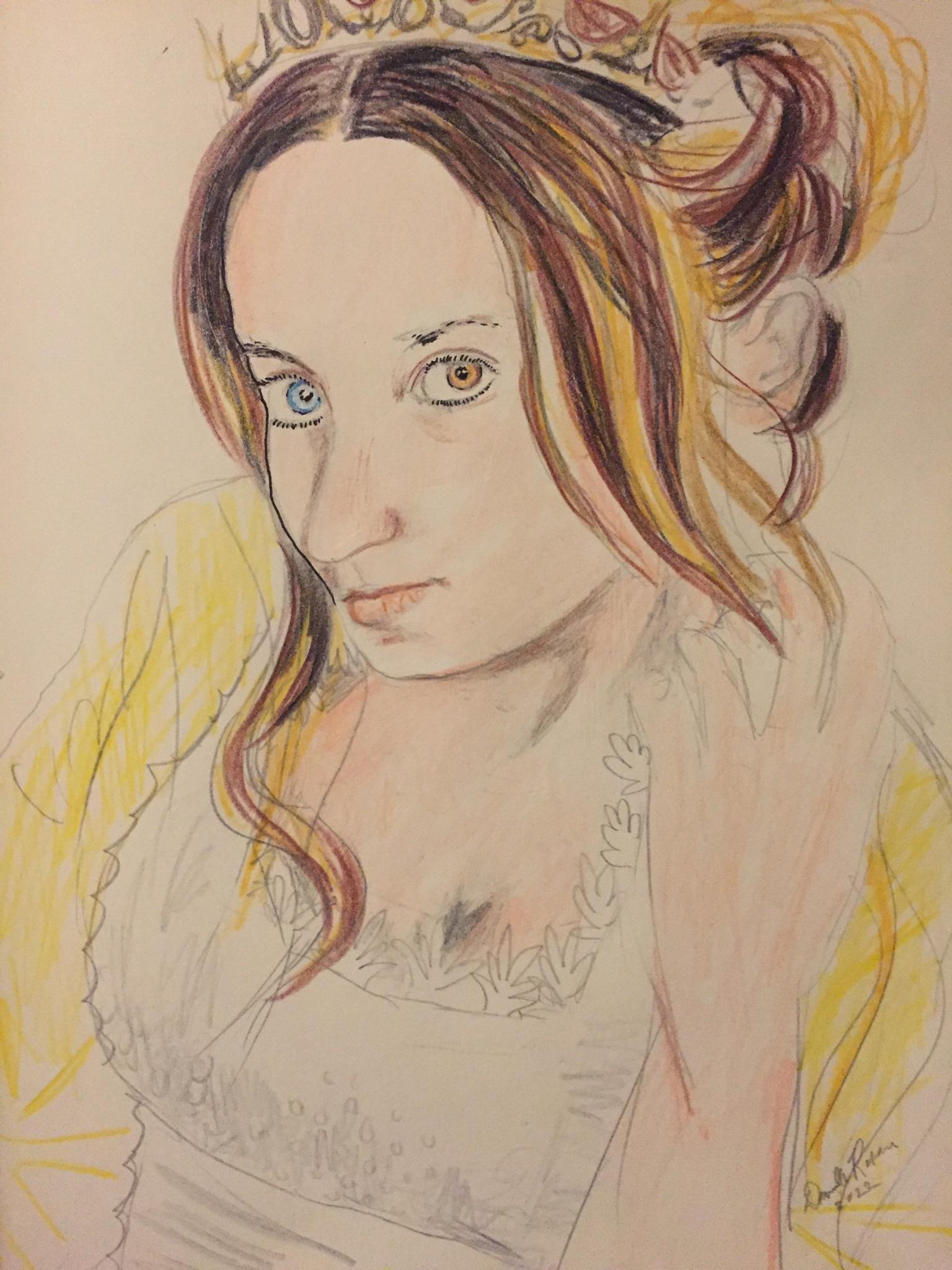 Portrait of a Lady Carrying A Crown, pen and coloured pencil on paper