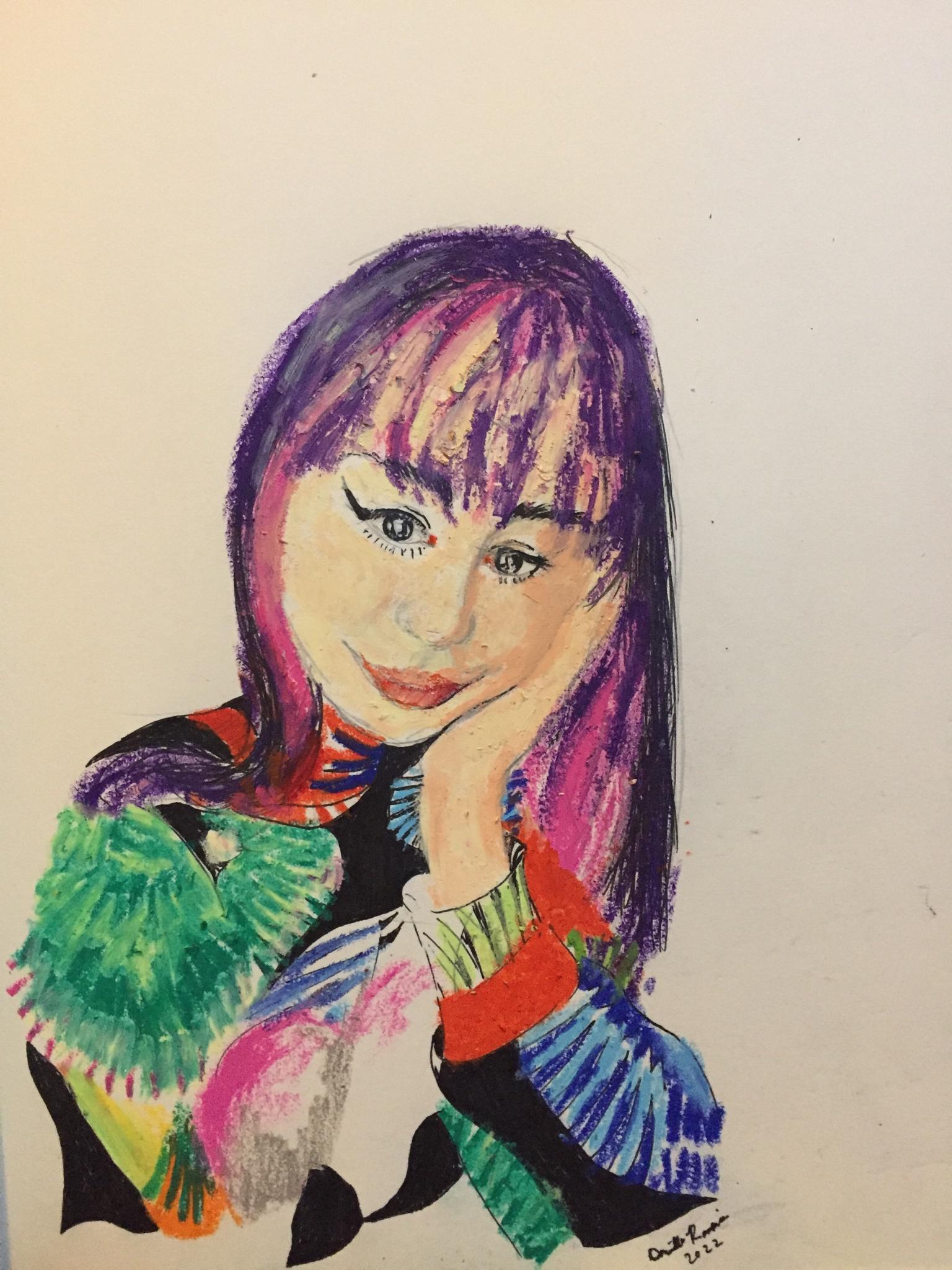 Portrait of a Girl Wearing Colorful Cloths, oil pastel, pencil and pen on paper