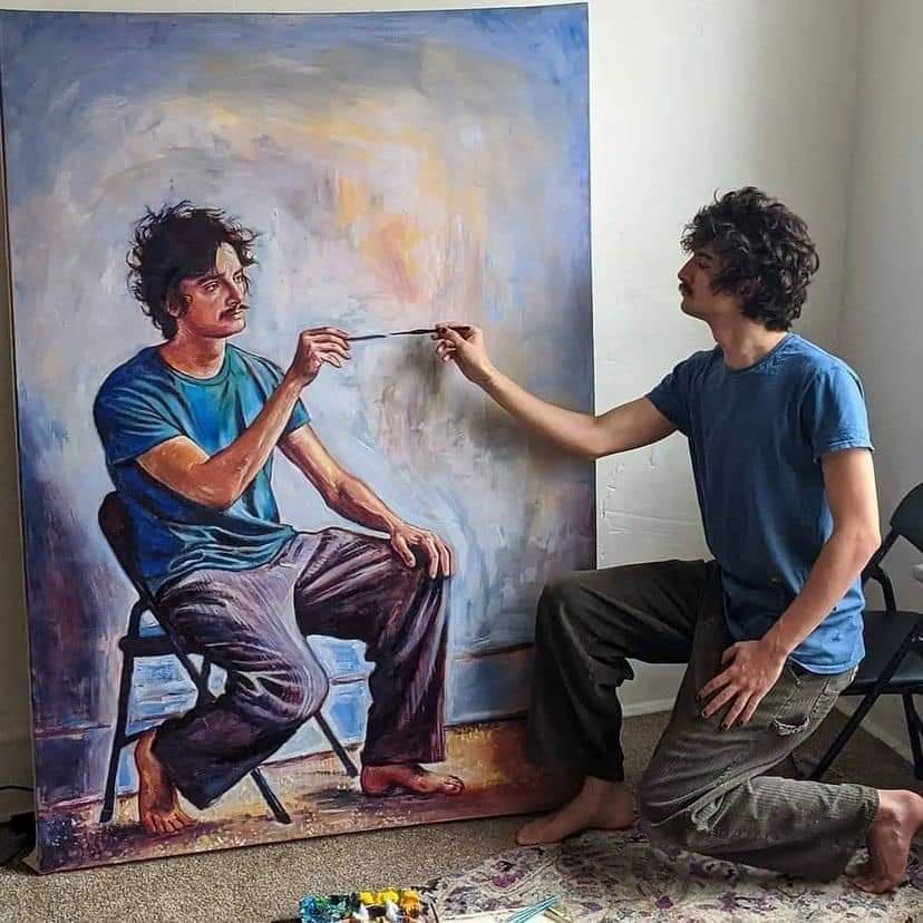 Man paints a painting of himself painting himself that is painting himself whereas he paints himself painting himself of a painting of himself. Also cats