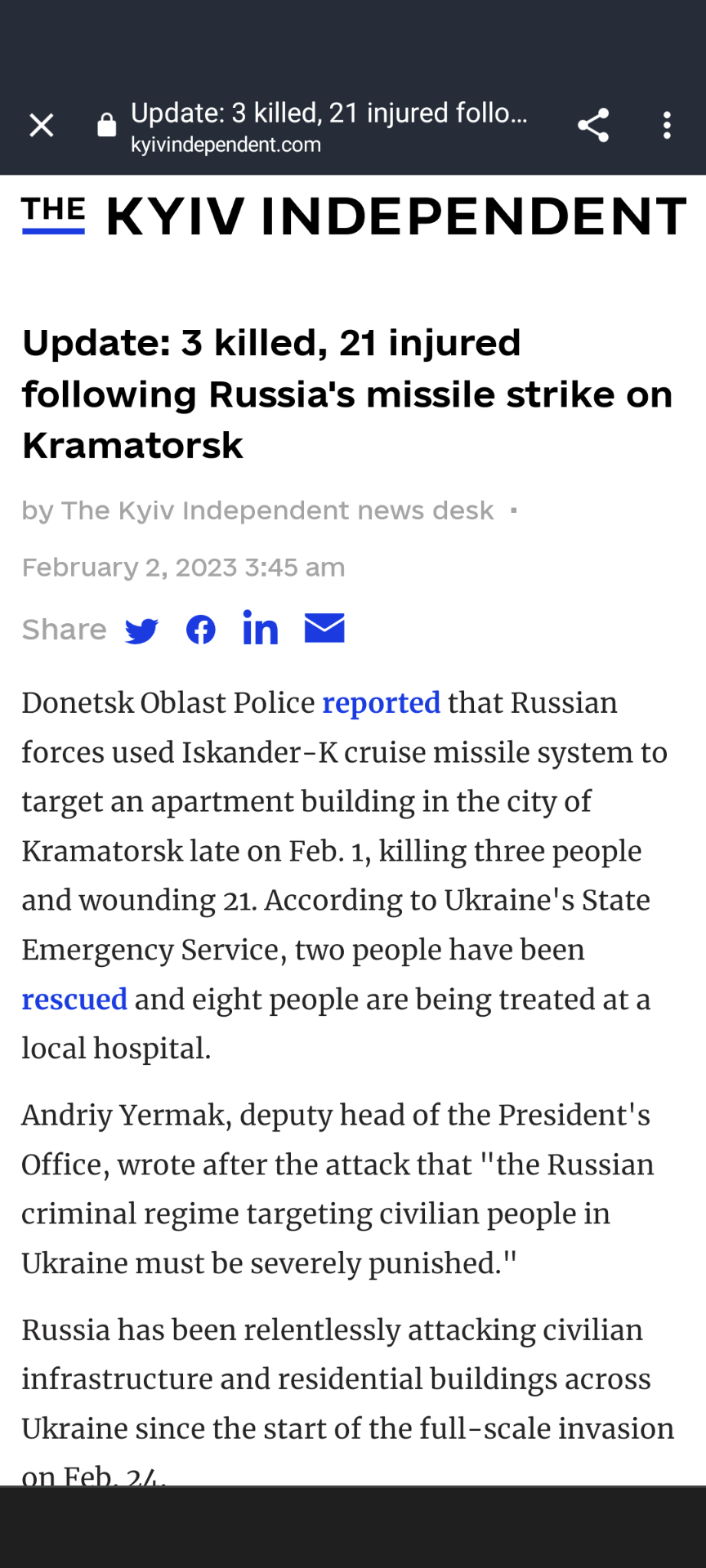 Change: 3 killed, 21 injured following Russia’s missile strike on Kramatorsk.