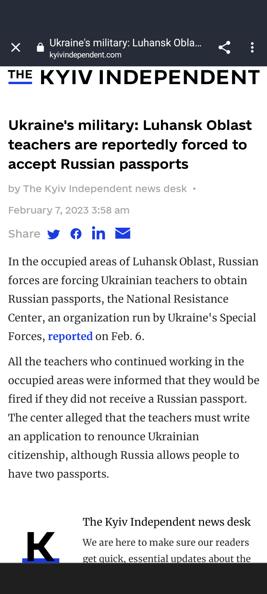 Ukraine’s military: Luhansk Oblast teachers are reportedly pressured to settle for Russian passports.