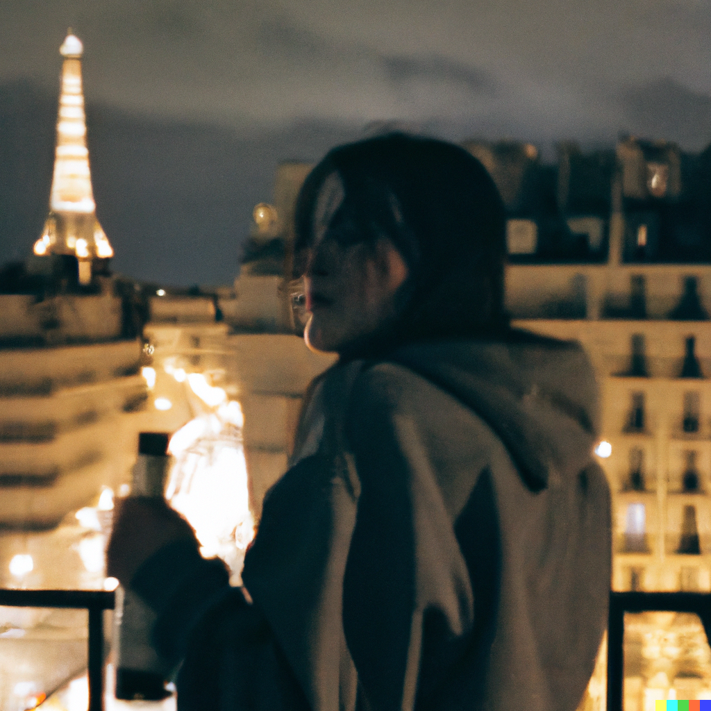 “A girl with prolonged brown straight hair in a colossal grey hoodie, and maintaining a bottle of wine, taking a survey off of a balcony onto the streets under. Paris, night, streetlights, Eiffel Tower in background, Kodak film camera”