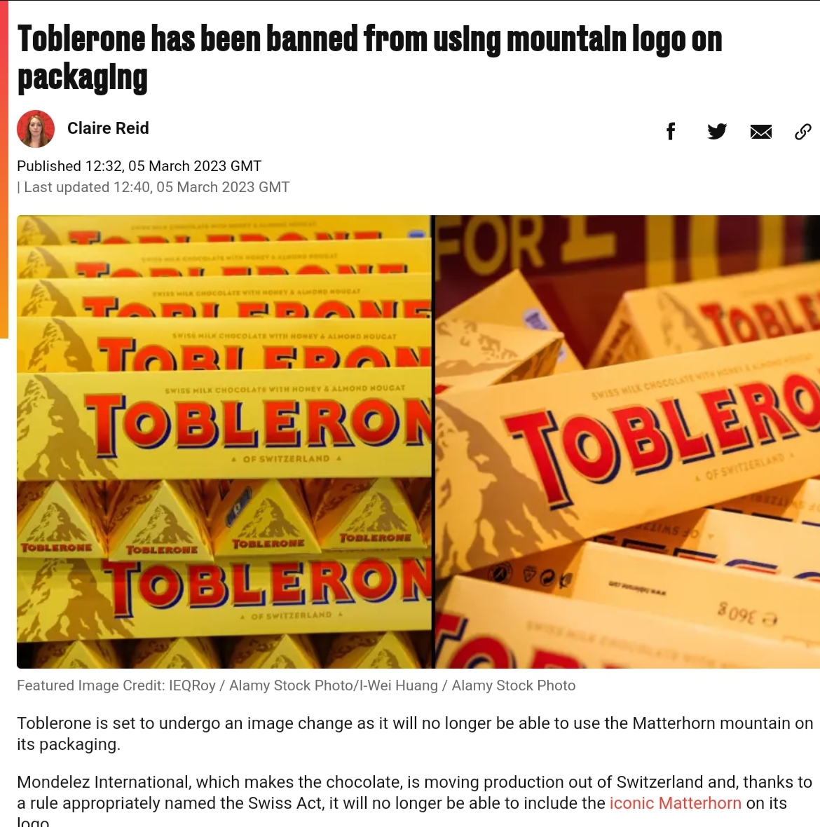 Toblerone has been banned from the consume of mountain logo on packaging