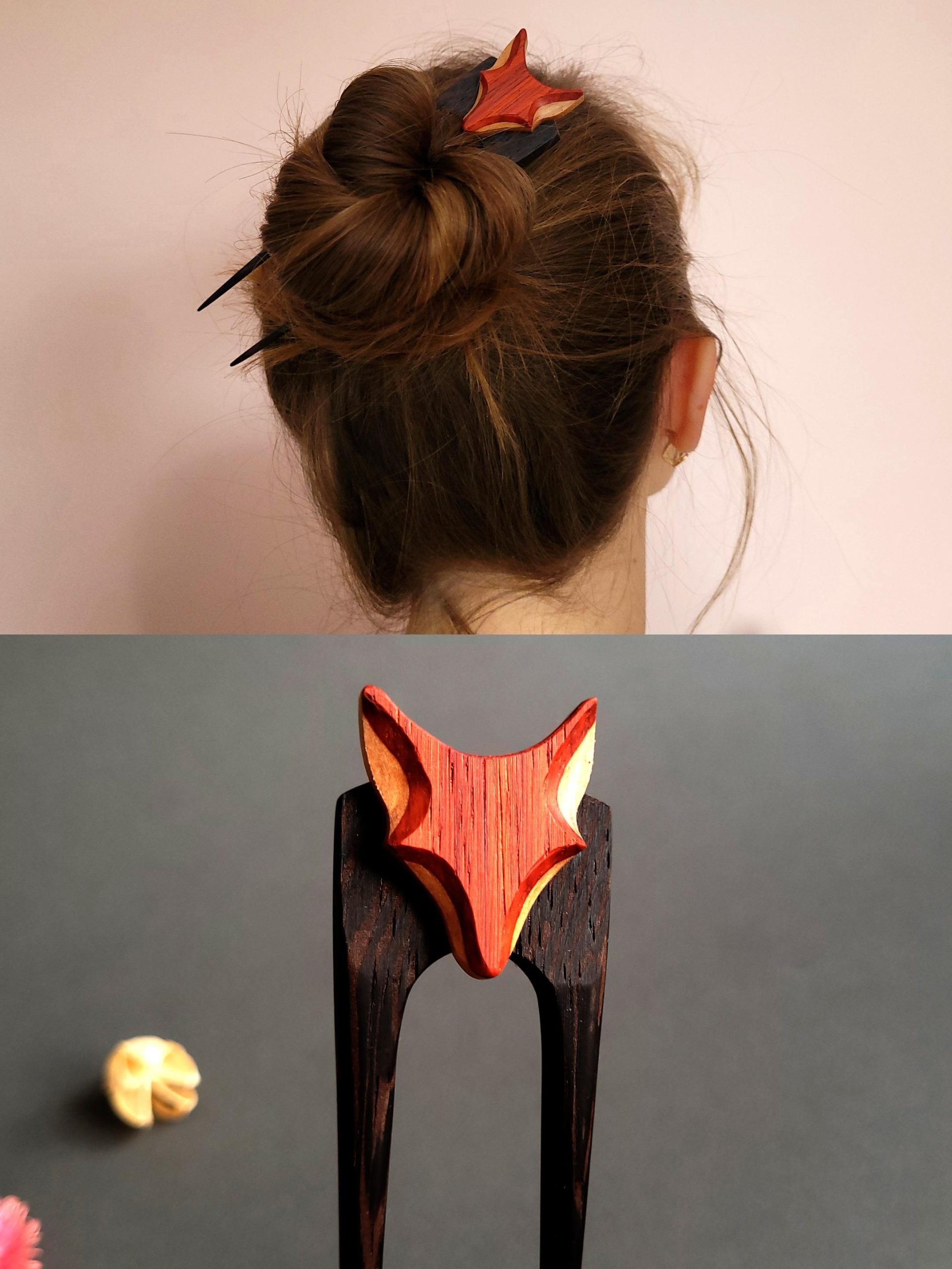 Wooden fox hairpin