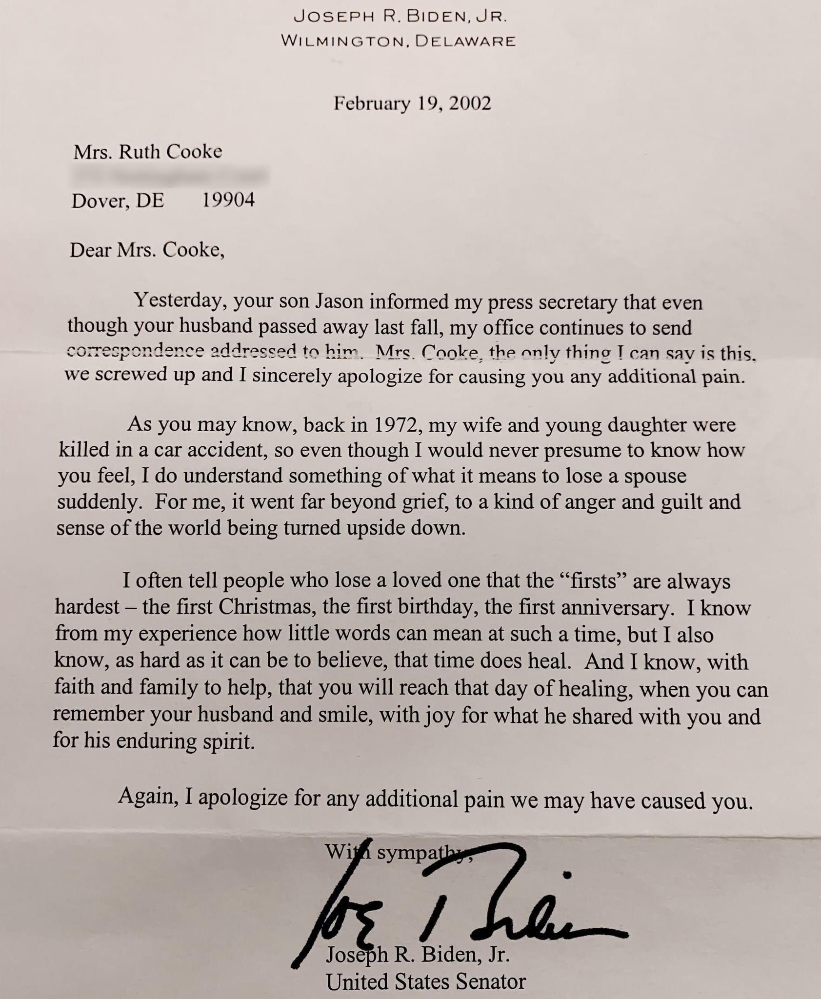 Biden Wrote This Letter to a Girl Who Misplaced Her Husband