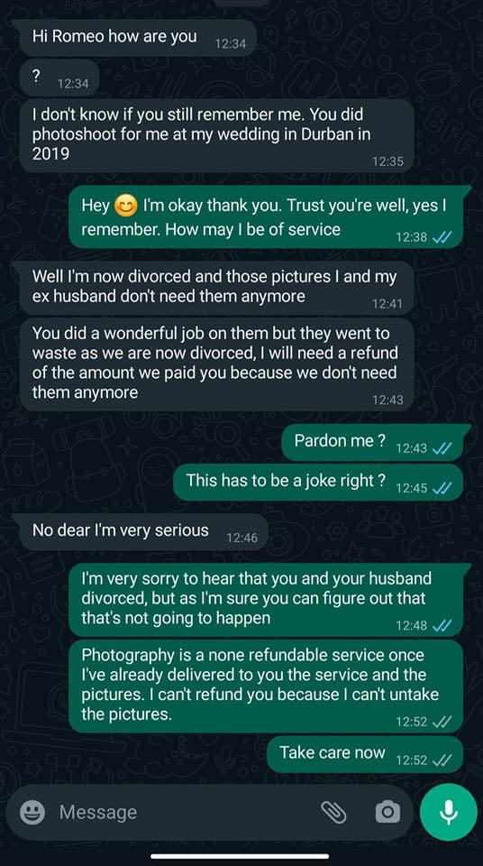 Divorced Girl Demands Refund from Wedding Photographer 4 Years Later