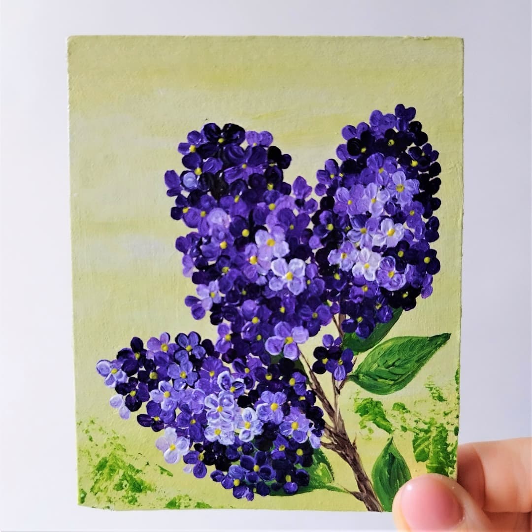 Runt acrylic painting in impasto approach. Lilac branch, 4.7*4″