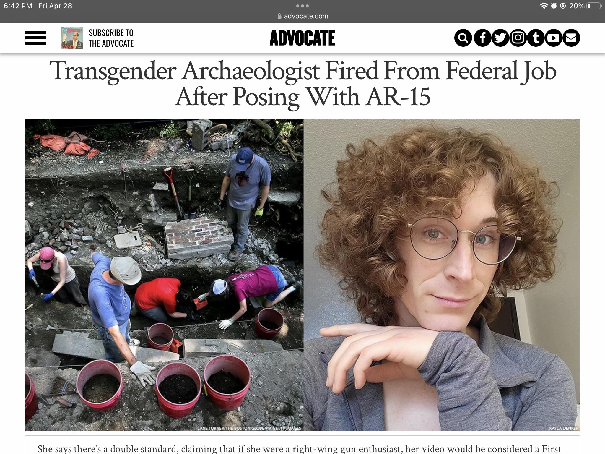 Transgender Archaeologist Fired From Federal Job After Posing With AR-15 https://www.indicate.com/info/transgender-lady-fired-federal-gun
