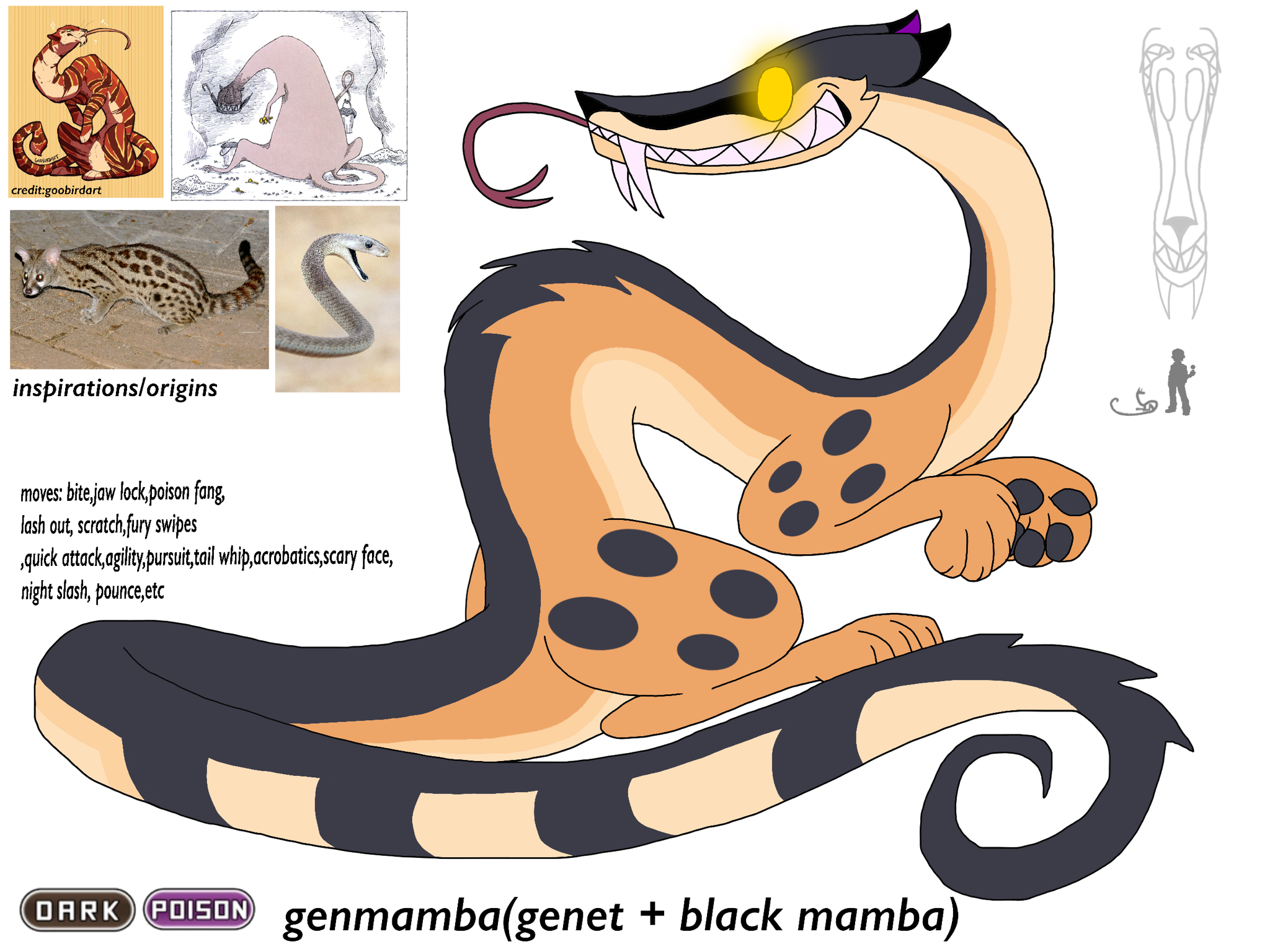 genmamba: “the venomous tree-climbing  pokemon” (so any solutions for its dex-entry & name alternate?)