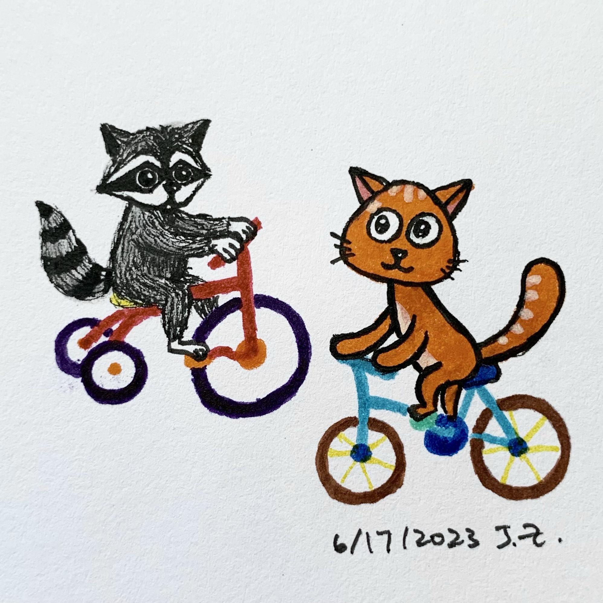 Raccoon and Cat skedaddle bikes together 6/17/2023 Sketchdaily