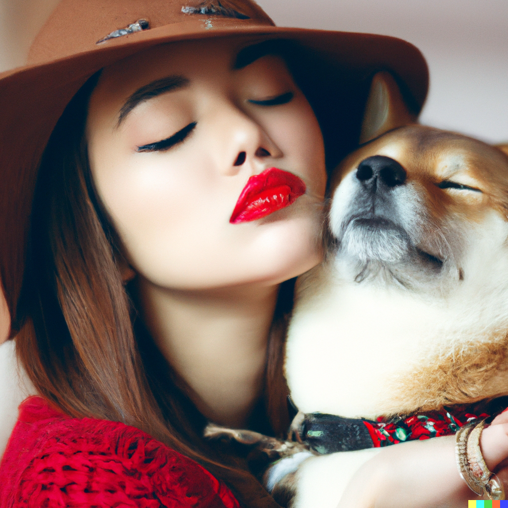 “Young Lady in Red Hat, Red Lipstick, Closed Eyes, Maintaining Shiba Inu”
