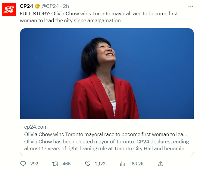 Toronto elects “lefty” mayor after Ontario’s Premier, Canine Fart, laments the chance after broken-down conservative mayor will get caught having an affair and after Canine Fart grants mayors of cities in Ontario half of all votes in council.