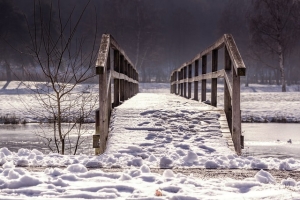 bridge, snow, river