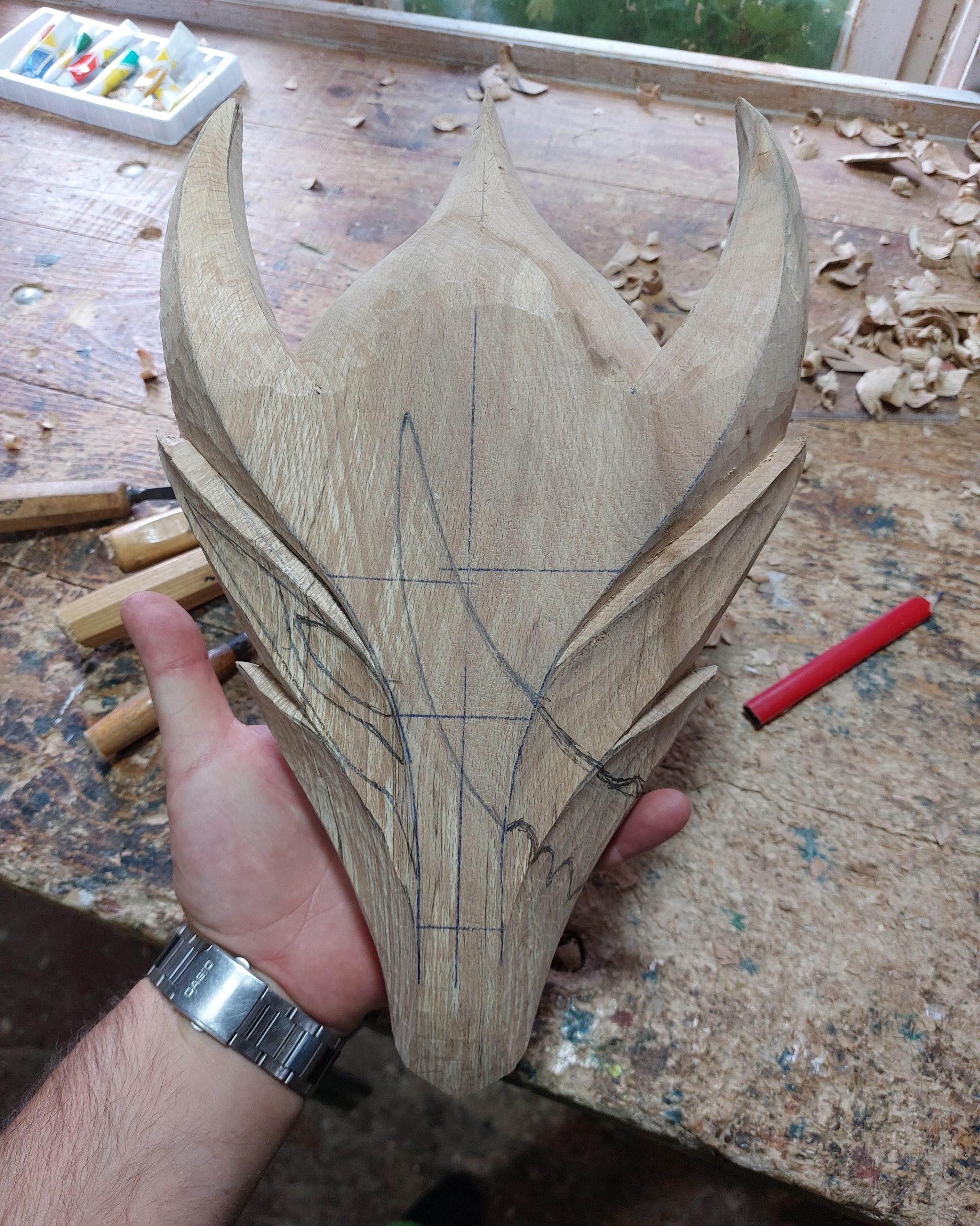 Carving Blood Moon Talon Masks from League of Legends. Work in development