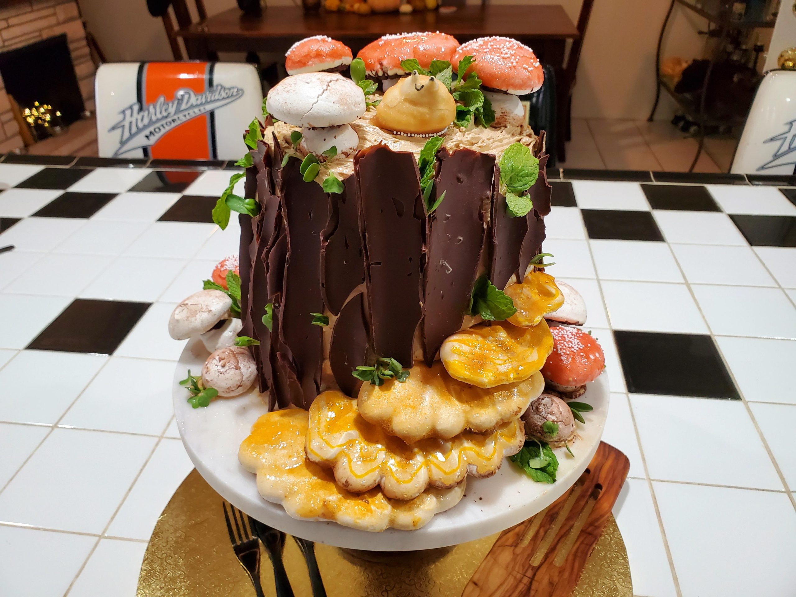 I made a mushroom covered tree stump cake for my daughter’s birthday!