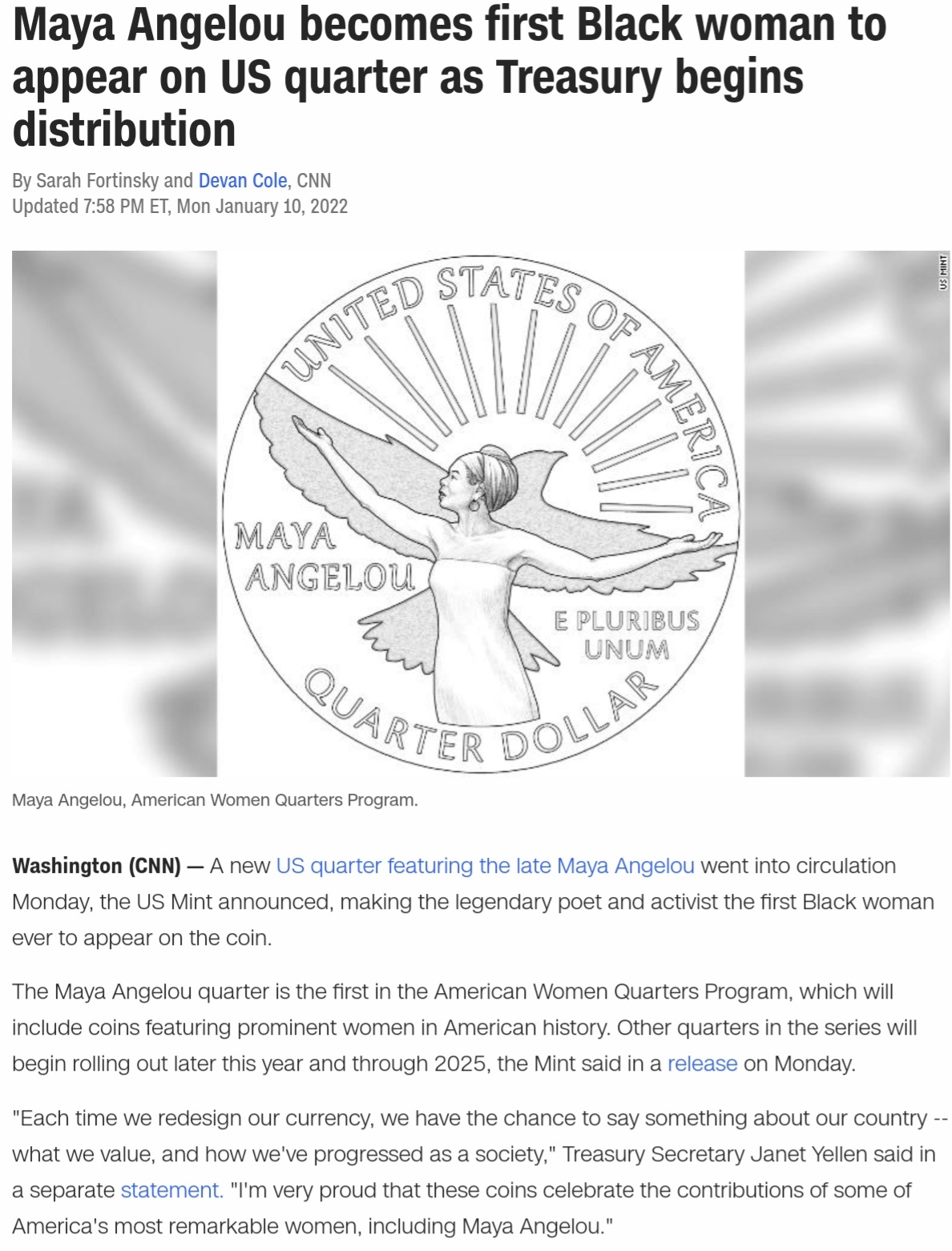 Maya Angelou becomes first Unlit lady to appear on US quarter as Treasury begins distribution