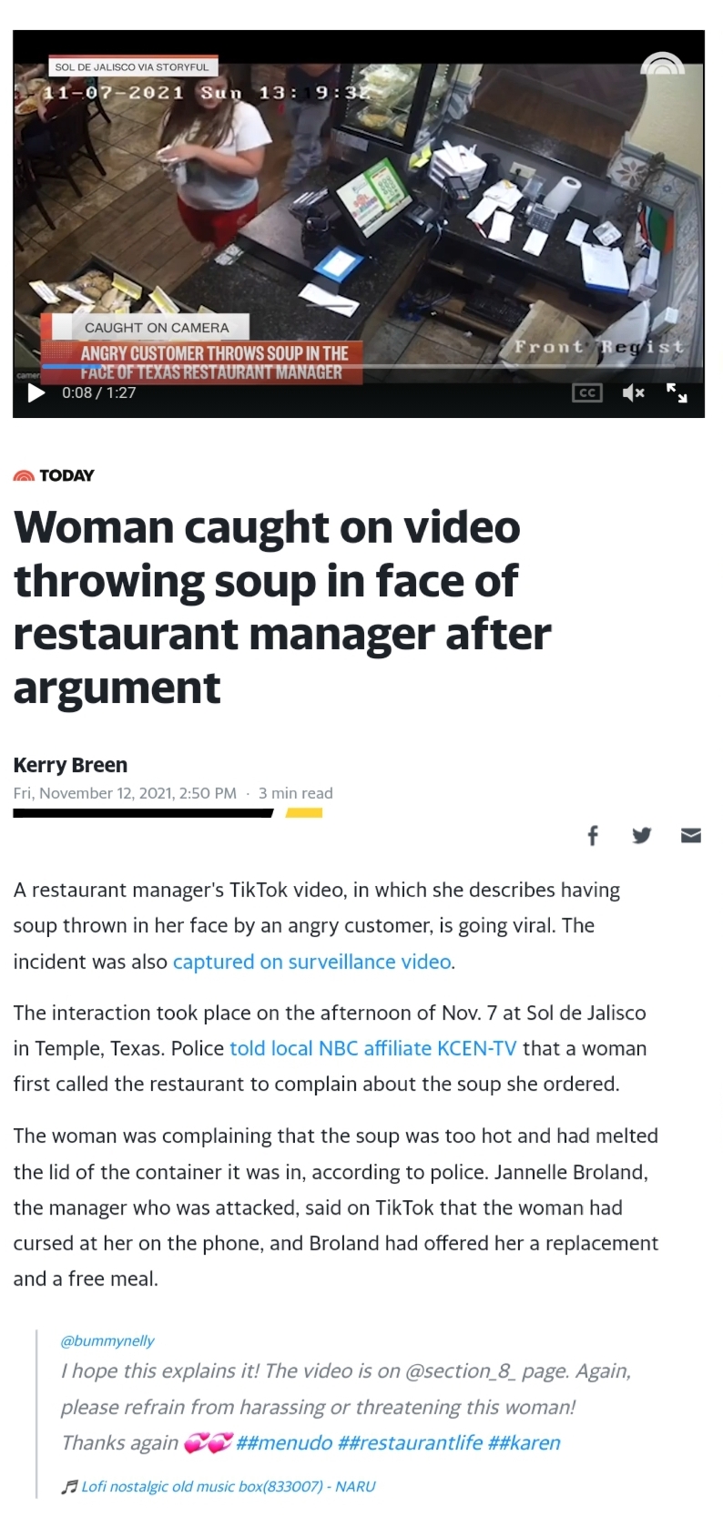 Lady caught on video throwing soup in face of restaurant supervisor after argument
