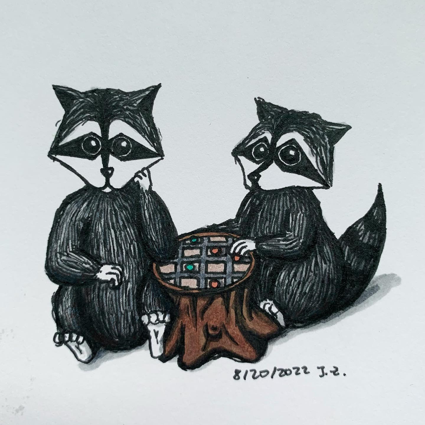 Raccoon siblings play mini chess on a tree stump 8/20/2022 Sketchdaily