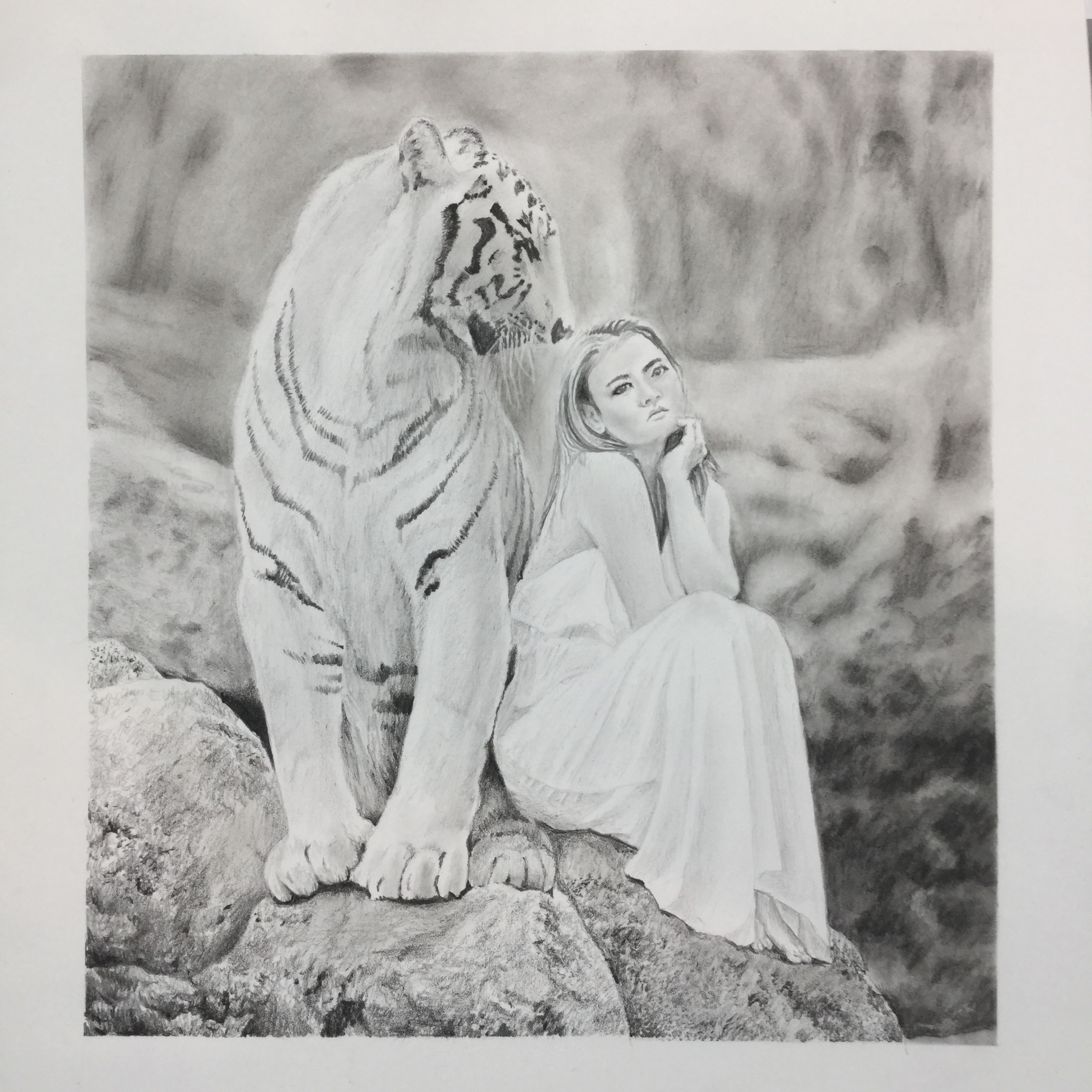 Graphite drawing of a lady and a white tiger