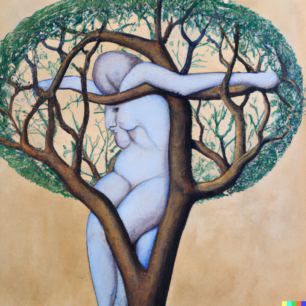 A painting within the vogue of Matthias Grünewald depicting a tree from which a human physique is emerging
