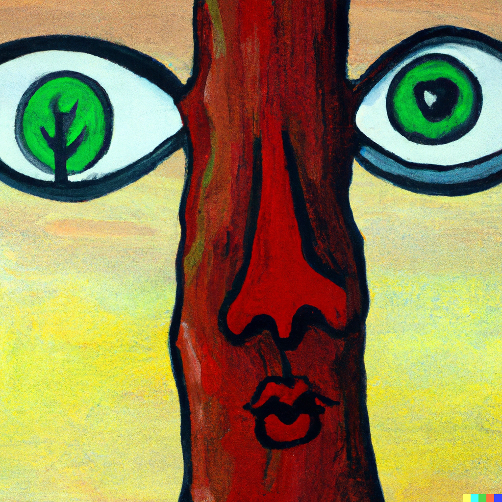 A pop art painting of a tree with human eyes, nostril and mouth