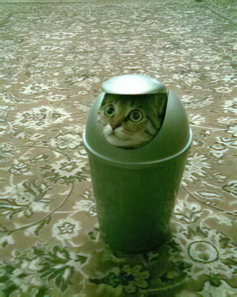 A cat internal a trash can.