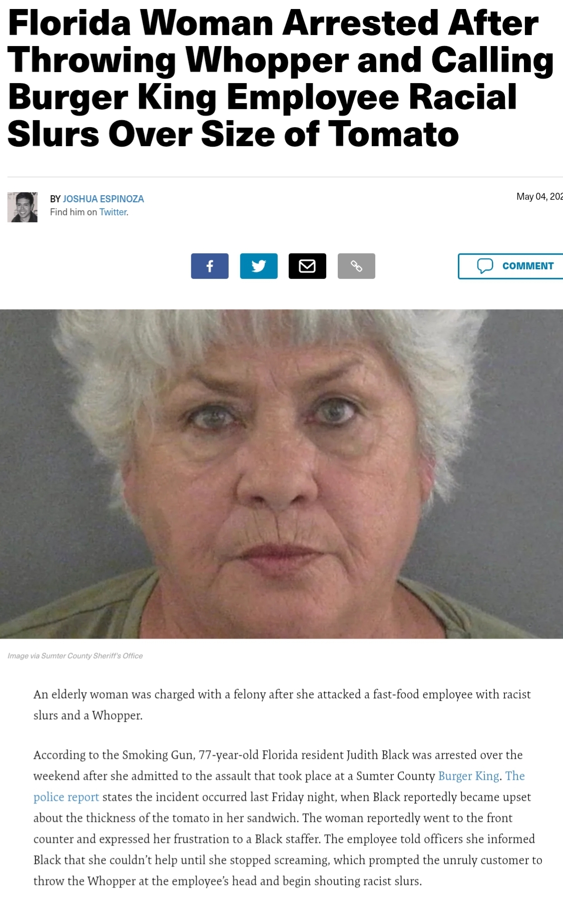 Florida Lady Arrested After Throwing Whopper and Calling Burger King Worker Racial Slurs Over Size of Tomato
