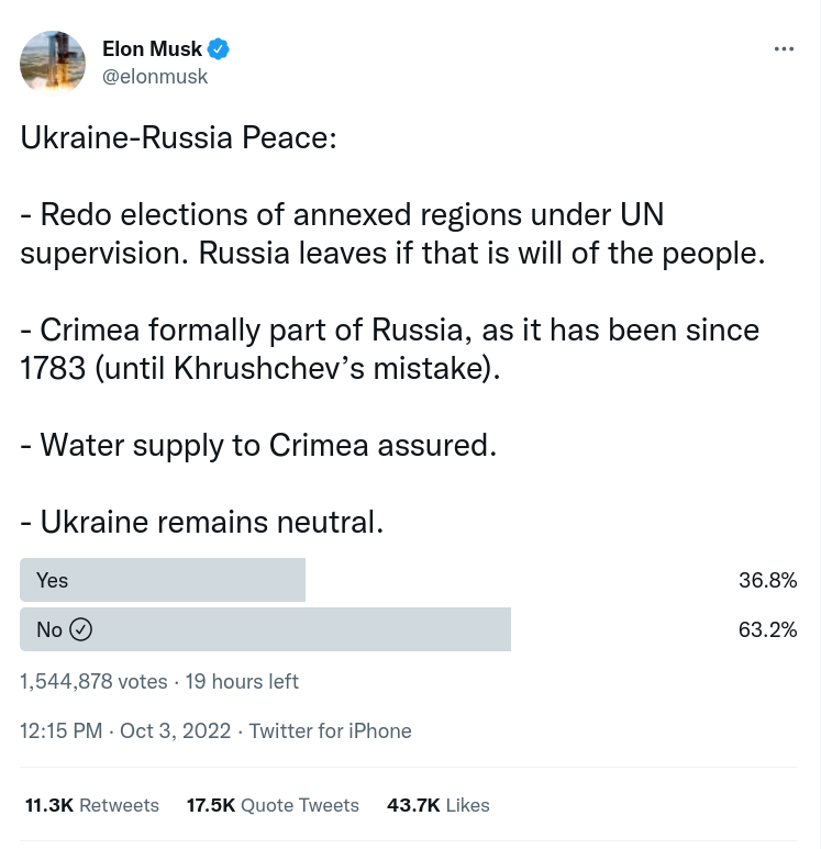Am I misreading this tweet, or did a Russian superior unprejudiced manufacture fun of Elon Musk for supporting Russia in the Russia/Ukraine battle?