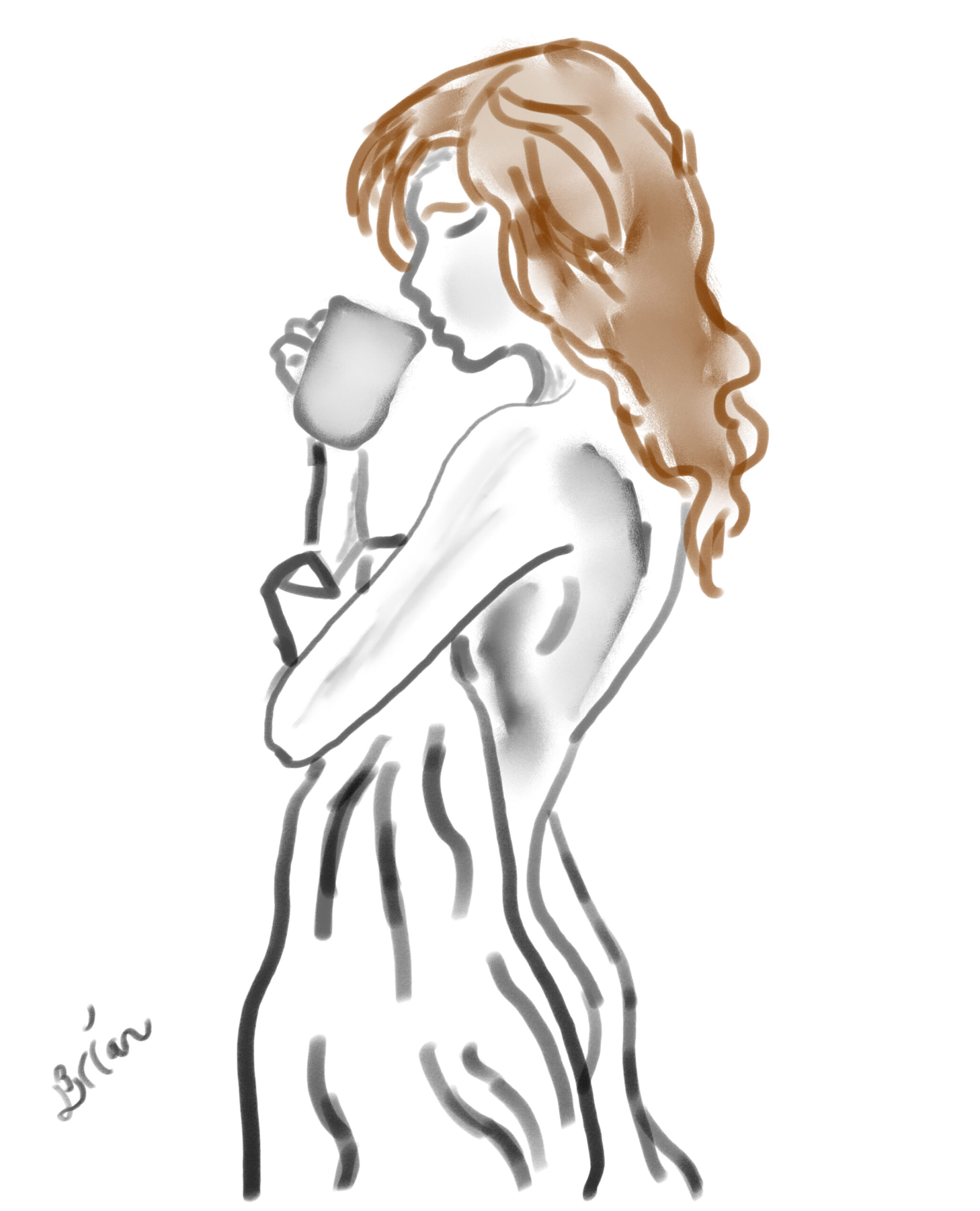 Illustration of a lady in the morning drinking coffee.
