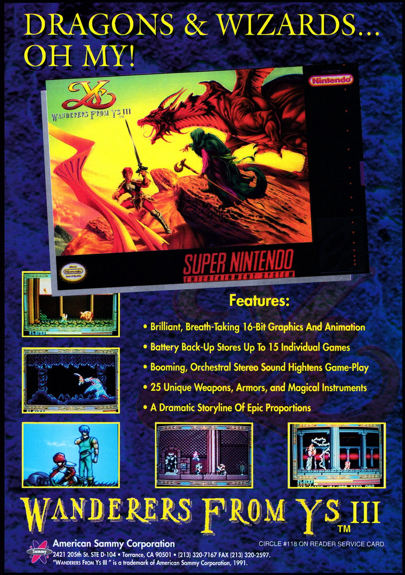 Ys III: Wanderers from Ys – videogames advert in the early ’90s (Genesis, Megadrive, MSX, NES, Turbografx-CD…) Ys 3