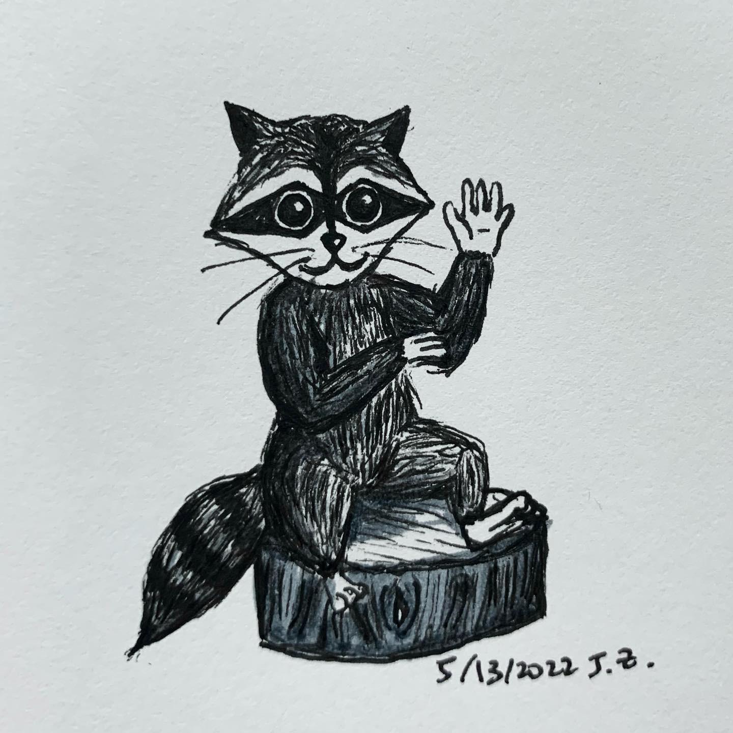 Child raccoon sits on a tree stump 5/13/2022 Sketchdaily