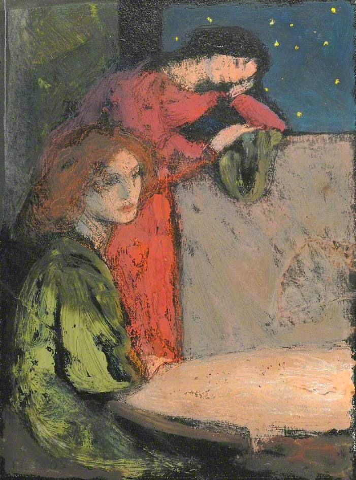 Frederick Cayley Robinson – Two Girls by a Desk Compare Out on a Starry Evening (1905)