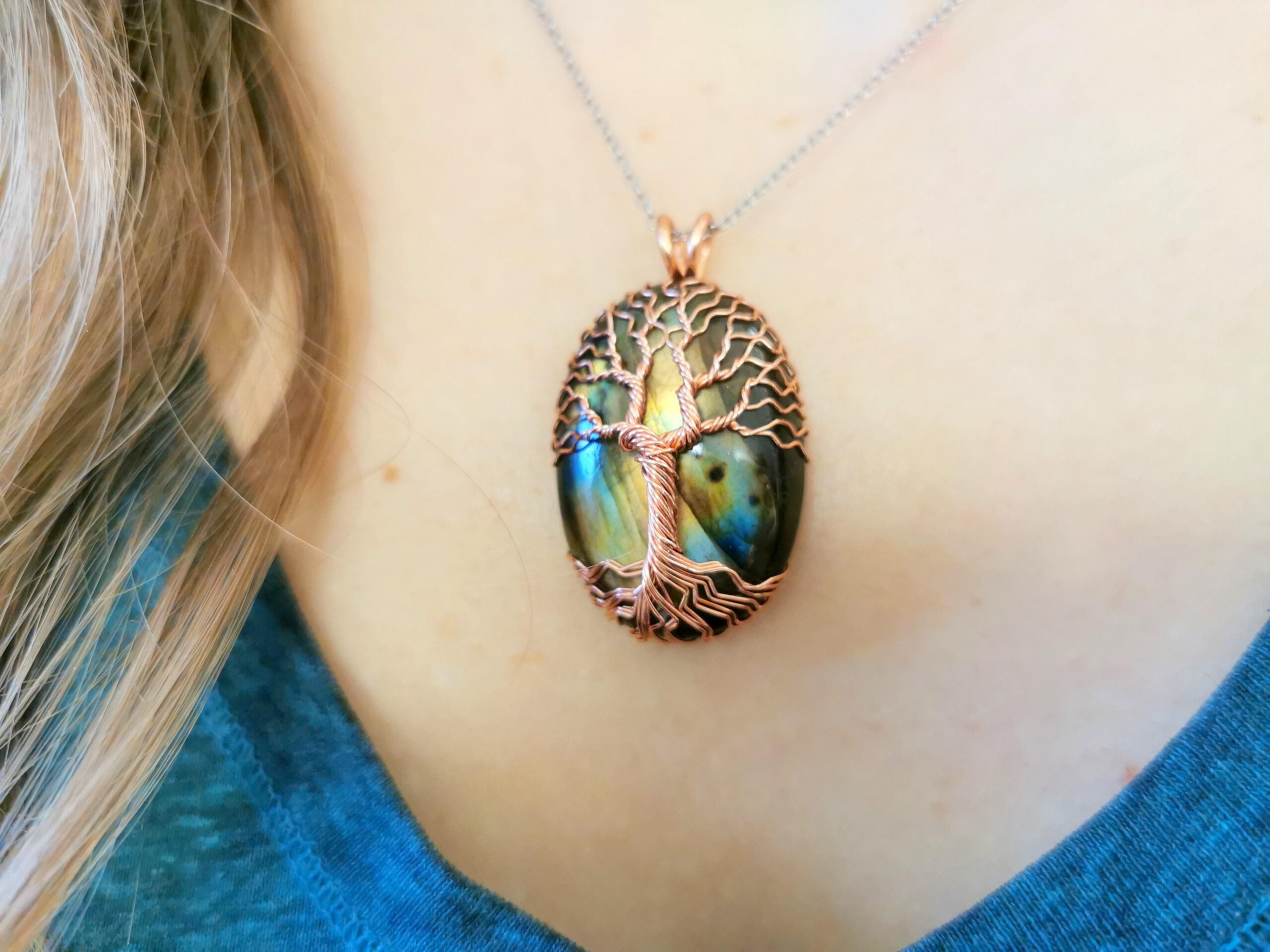 A copper tree on a labradorite gemstone, made by me.