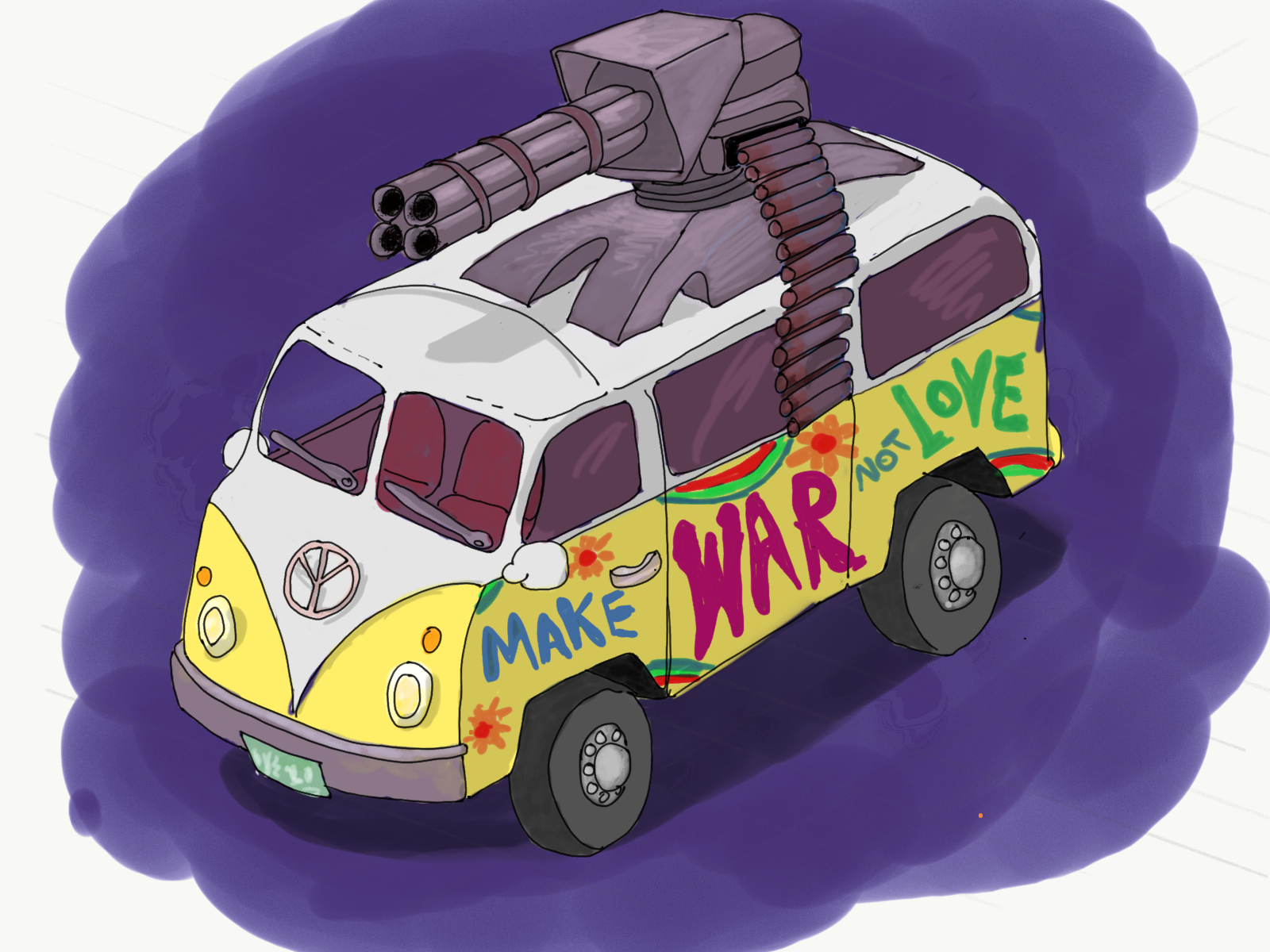 “Influence warfare now not like” offended hippy van (popular art)