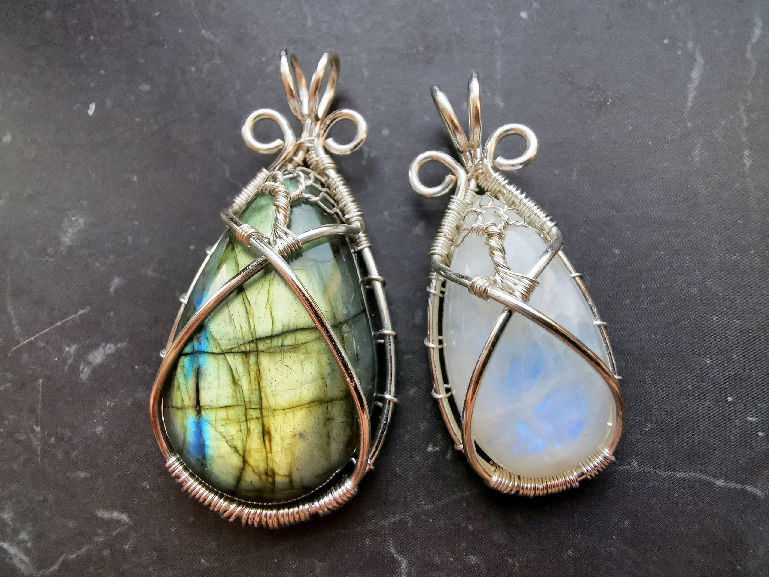 I made a pair of tree pendants, one with a moonstone, and one with a labradorite.