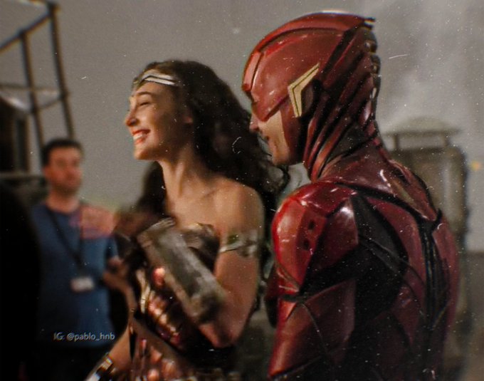 Gal Gadot (Surprise Girl) and Ezra Miller (The Flash) filming Zack Snyder’s Justice League