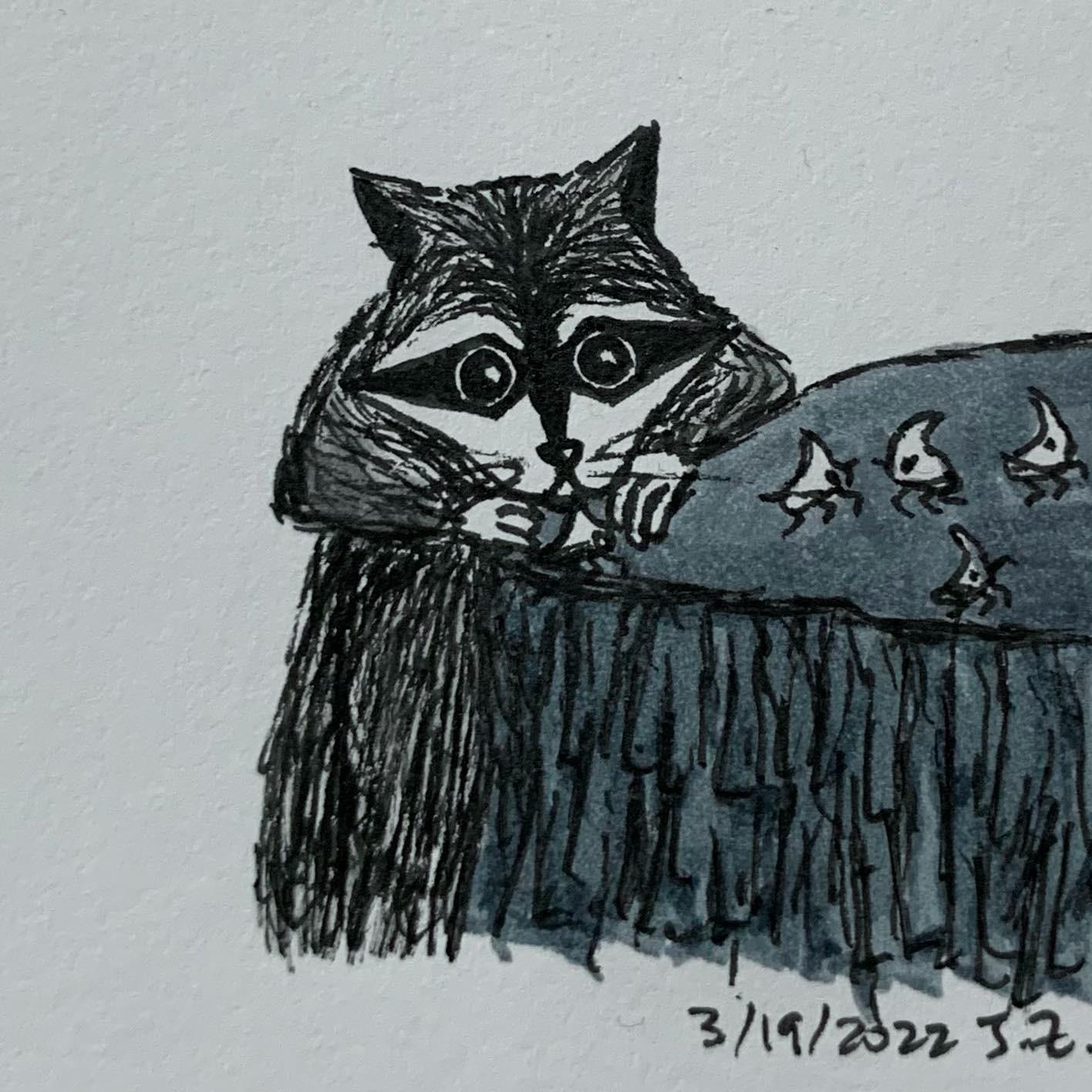 Raccoon discovers thorn bugs on a tree stump 3/19/2022 Sketchdaily