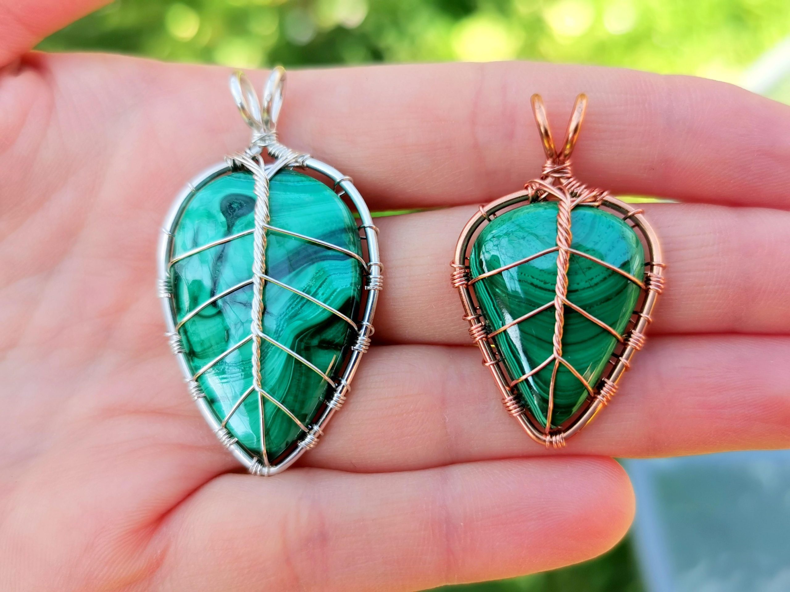 I made just a few leaf pendants with malachite gemstones.